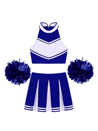 iiniim Damen Cheer Leader Kostüm Cheerleading Uniform Crop Tops mit Rock Pompoms Tanzkleid Halloween Karneval Fasching Kostüm Royal Blau XL von iiniim