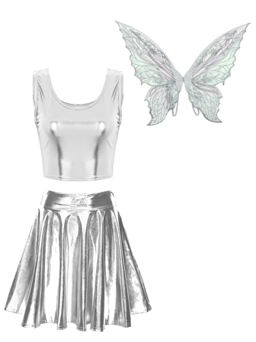 iiniim Damen Feen Kostüm Waldelfen Kostüm Feenkleid mit Schmetterlingsflügel Metallic Crop Tops + Minirock Faltenrock Karneval Fasching Kostüm Silber M von iiniim