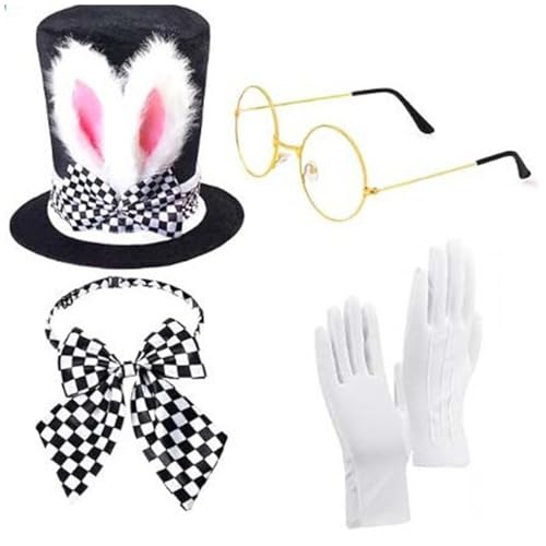 iiniim Damen Halloween Kaninchen Kostüm Set Zylinder Hasenohren Hut Brille Handschuhe Fliege RocK Strümpfe Bunny Kostüm Cosplay Fasching Typ A One Size von iiniim