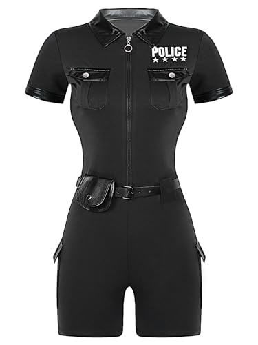 iiniim Damen Polizistin Kostüm Polizei Uniform Kurzarm Body Overall mit Gürtel Handtasche Polizei Anzug Halloween Karneval Fasching Kostüm Schwarz 3XL von iiniim