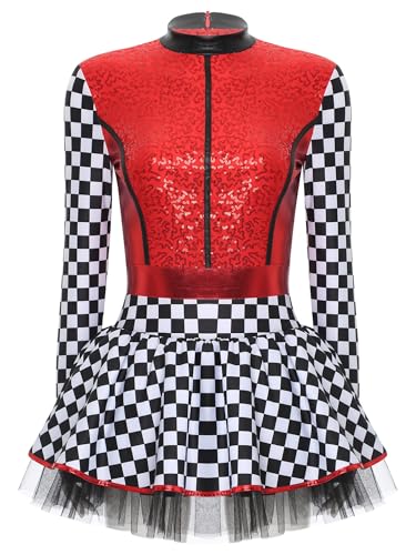 iiniim Damen Rennfahrer Kostüm Rennwagen Kleid Pailletten Rennfahrer Overall Jumpsuit mit Tutu Rock Racing Outfit Karneval Fasching Kostüm Rot 3XL von iiniim