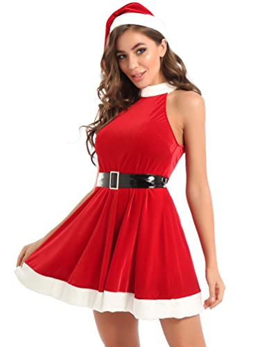 iiniim Damen Weihnachten Kostüm Nikolaus Miss Santa Kleid Sexy Minikleid Partykleid Weihnachtsfrau Kostüm Weihnachtskleid S-4XL A Rot A M von iiniim