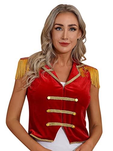 iiniim Damen Zirkus Kostüm Ärmellos Zirkus Jacke Zirkusdirektorin Jacke Mantel Blazer Ringmaster Uniform Halloween Weihnachten Karneval Fasching Rot S von iiniim