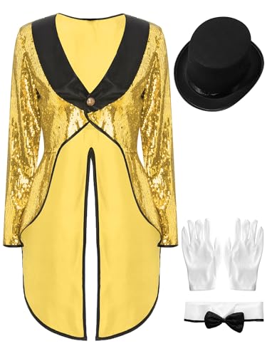 iiniim Damen Zirkus Kostüm Zirkusdirektor Uniform Pailletten Frack Jacke Blazer Mantel mit Zubehör Halloween Weihnachten Karneval Mottoparty Gold L von iiniim