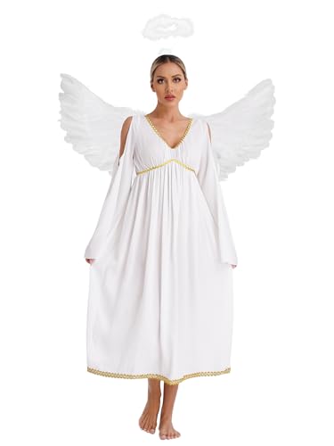 iiniim Engelskostüm Damen Weiß Engel Kleid mit Engelsflügel Heiligenschein Weihnachtsengel Kleid Halloween Karneval Fasching Partykleid S-4XL Elfenbein 4XL von iiniim