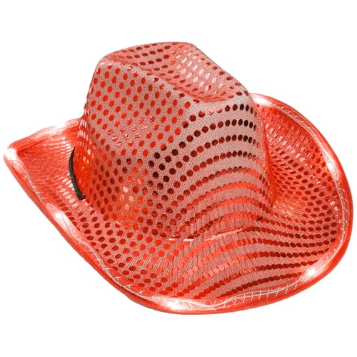 iiniim Glänzende Pailletten Cowboyhut Western Cowgirlhut Jazz Hut Breite Krempe Dance Hut Karneval Cosplay Fasching Party Requisiten Rot Einheitsgröße von iiniim