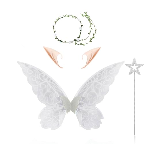 iiniim Halloween Feen Cosplay Set Elfenflügel mit Spitze Elfen Ohren Kranz Stern Feenstab Schmetterling Feenflügel Spitzenohren Weihnachten Karneval Mottoparty Weiß One Size von iiniim