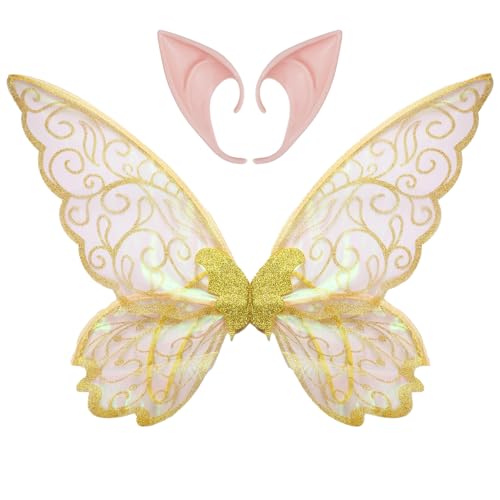 iiniim Halloween Feenflügel Elfenohren Kostüm Set Prinzessin Schmetterlingsflügel Elfen Spitzohren Glitzernd Elfenflügel Fairy Wings Karneval Cosplay Party Gelb One Size von iiniim