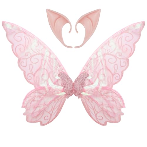 iiniim Halloween Feenflügel Elfenohren Kostüm Set Prinzessin Schmetterlingsflügel Elfen Spitzohren Glitzernd Elfenflügel Fairy Wings Karneval Cosplay Party Rosa One Size von iiniim