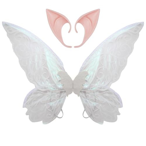 iiniim Halloween Feenflügel Elfenohren Kostüm Set Prinzessin Schmetterlingsflügel Elfen Spitzohren Glitzernd Elfenflügel Fairy Wings Karneval Cosplay Party Weiß One Size von iiniim