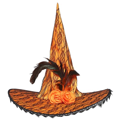 iiniim Halloween Hexenhut Feder Spitzenhut Magier Zauberin Hut Breite Krempe Kopfabdeckung für Cosplay Karneval Weihnachtem Hexenkostüm Requisiten Typ A Orange One Size von iiniim