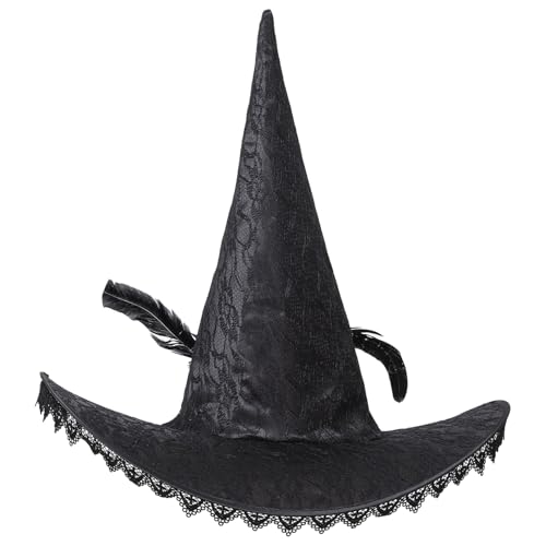 iiniim Halloween Hexenhut Feder Spitzenhut Magier Zauberin Hut Breite Krempe Kopfabdeckung für Cosplay Karneval Weihnachtem Hexenkostüm Requisiten Typ A Schwarz One Size von iiniim