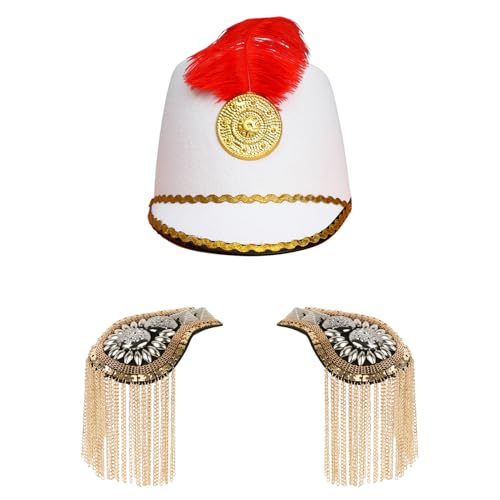 iiniim Halloween Kinder Marching Band Hut mit Quasten Schulterbrett Set Vintage Schulterklappen Majorette-Hut Kapitänsmütze Cosplay Fasching Weiß A One Size von iiniim