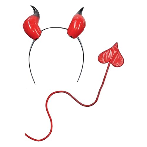 iiniim Halloween Teufel Kostüm Zubehör Devil Hörner Stirnband mit Schwanz Set Punk Devil Witcher Headband Böse Kopfschmuck Mottoparty Rot Set One Size von iiniim