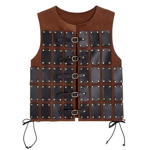 iiniim Herren Mittelalterliche Vintage Weste mit Schnallen Kunstleder Brustrüstung Gladiatoren Brust Panzer Cosplay Halloween Fasching Braun One Size von iiniim