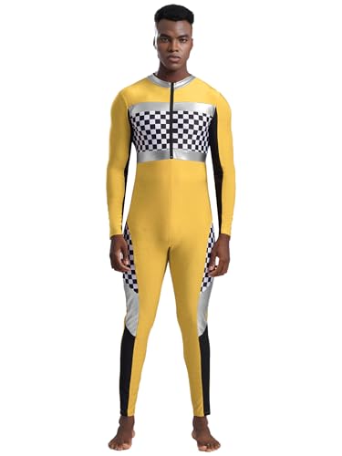 iiniim Herren Rennfahrer Kostüm Rennfahrer Uniform Formel 1 Kostüm Kariert Langarm Body Overall Jumpsuit Halloween Karneval Fasching Kostüm Gelb XXL von iiniim