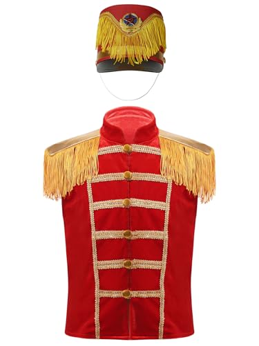 iiniim Jungen Mädchen Zirkus Weste Samt Jacke Mantel + Hut Kinder Zirkus Kostüm Zirkusdirektor Uniform Cosplay Weihnachten Karneval Fasching Rot B 134-140 von iiniim