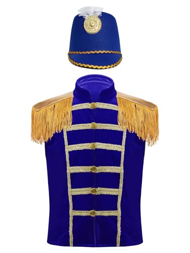 iiniim Jungen Mädchen Zirkus Weste Samt Jacke Mantel + Hut Kinder Zirkus Kostüm Zirkusdirektor Uniform Karneval Fasching Kostüm Stil D Blau 146-152 von iiniim