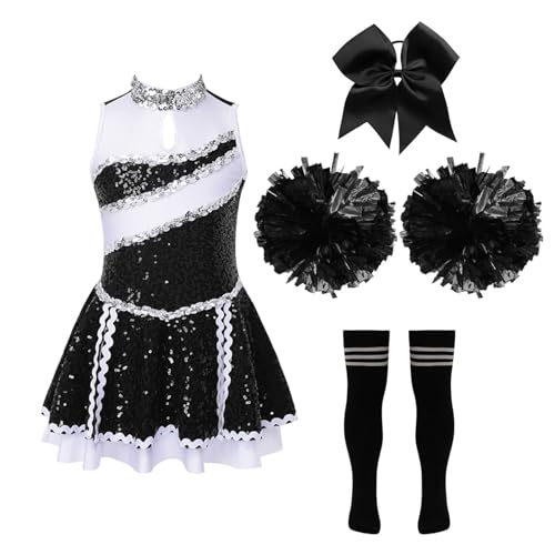 iiniim Kinder Cheer Leaderin Kostüm Mädchen Cheerleading Uniform Kleid mit Pompoms Socken Halloween Karneval Fasching Tanzkostüm G Schwarz&Weiß 146-152 von iiniim