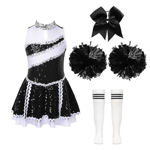 iiniim Kinder Cheer Leaderin Kostüm Mädchen Cheerleading Uniform Kleid mit Pompoms Socken Halloween Karneval Fasching Tanzkostüm G Weiß&Schwarz 158-164 von iiniim