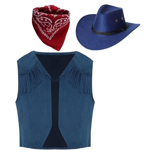 iiniim Kinder Cowboy Kostüm Set Cowboyhut mit Bandanna Cowboy Weste für Junge Mädchen Karneval Mottoparty Tanzkostüm Marineblau 158-164 von iiniim