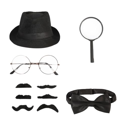 iiniim Kinder Erwachsene Halloween Detektiv Kostüm Set Inklusive Melonenhut Fliege Bart Brille Lupe 20er Gatsby-Kostüm Accessoires Karneval Fasching Schwarz One Size von iiniim