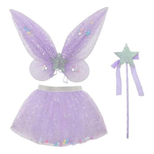 iiniim Kinder Feenflügel Cosplay Zubehör Set Schmetterling Engelsflügel Bunte Rock Stern Zauberstab Halloween Karneval Fasching Party Maskerade Party Violett One Size von iiniim