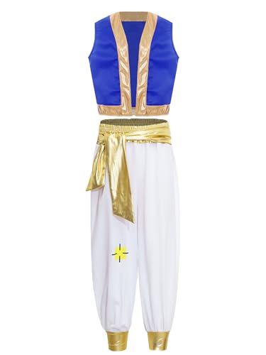 iiniim Kinder Jungen Arabischer Prinz Kostüm Mittelalter Weste Jacke + Aladinhose Arabische Kleidung Für Halloween Karneval Fasching Royal Blau 134-140 von iiniim