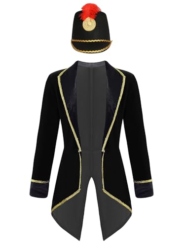 iiniim Kinder Jungen Zirkus Zirkusdirektor Kostüm Frack Jacke Blazer Mantel mit Hut Ringmaster Kostüm Cosplay Karneval Fasching Kostüm Stil B Schwarz 110-116 von iiniim