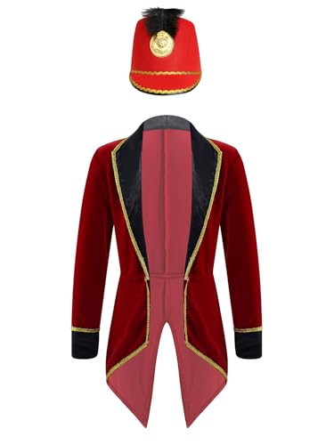 iiniim Kinder Jungen Zirkus Zirkusdirektor Kostüm Frack Jacke Blazer Mantel mit Hut Ringmaster Kostüm Cosplay Karneval Fasching Kostüm Stil B Weinrot 122-128 von iiniim