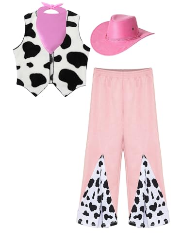 iiniim Kinder Mädchen Cowgirl Kleidung Disco Hippie Kostüm Kuh Muster Fleece Weste mit Schlaghose Hut Bandana Western Cowgirl Tanzkostüm Rosa 146-152 von iiniim