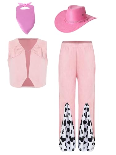 iiniim Kinder Mädchen Cowgirl Kostüm Vintage Cowboy Weste + Schlaghose + Hut + Bandana Western Cowgirl Outfits Disco Tanzkostüm Rosa 110-116 von iiniim