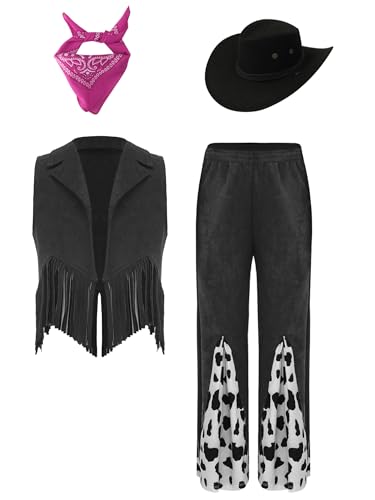 iiniim Kinder Mädchen Cowgirl Kostüm Western Cowgirl Outfits Wildleder Weste + Schlaghose + Hut + Bandana Karneval Fasching Disco Tanzkostüm Schwarz 110-116 von iiniim