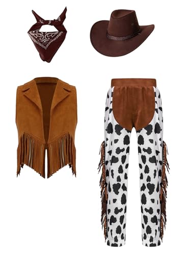 iiniim Kinder Mädchen Cowgirl Kostüm Wild Western Cowgirl Outfits Vintage 60er 70er Disco Kleidung Set Halloween Karneval Fasching Party Outfits Kaffee 158-164 von iiniim