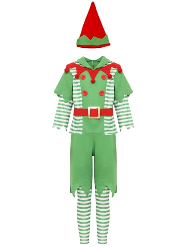 iiniim Kinder Weihnachtself Kostüm Jungen Weihnachten Kostüm Langarm Oberteile + Hose Mütze + Beinwärmer Elfen Kostüm Xmas Weihnachtsoutfit Grün 122-128 von iiniim