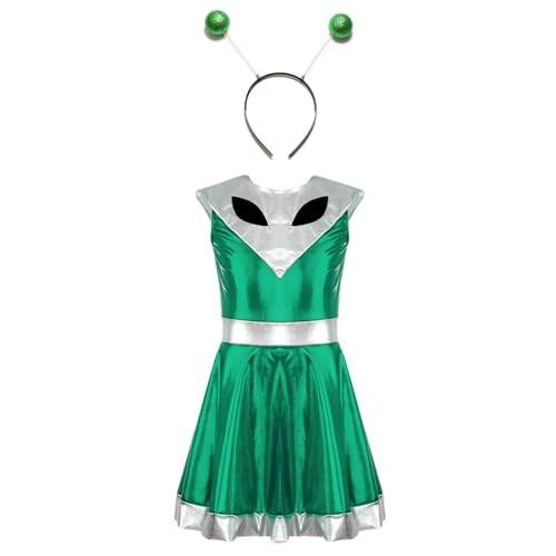 iiniim Mädchen Alien Kostüm Ärmellos Space Girl Kleid Metallic Tanzkleid + Haarreif Außerirdischer Kostüm Halloween Karneval Fasching Partykleid Grün 146-152 von iiniim