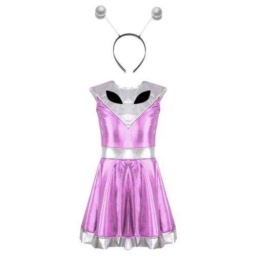 iiniim Mädchen Alien Kostüm Ärmellos Space Girl Kleid Metallic Tanzkleid + Haarreif Außerirdischer Kostüm Halloween Karneval Fasching Partykleid Rosa 146-152 von iiniim