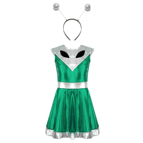 iiniim Mädchen Alien Kostüm Ärmellos Space Girl Kleid Metallic Tanzkleid + Haarreif Außerirdischer Kostüm Halloween Karneval Fasching Partykleid Silber 110-116 von iiniim