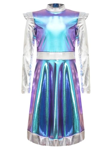 iiniim Mädchen Alien Kostüm Metallic Kleid Außerirdischer Space Girl Kleid Langarm Tanzkleid Halloween Karneval Fasching Show Tanzkostüm Blau 122-128 von iiniim