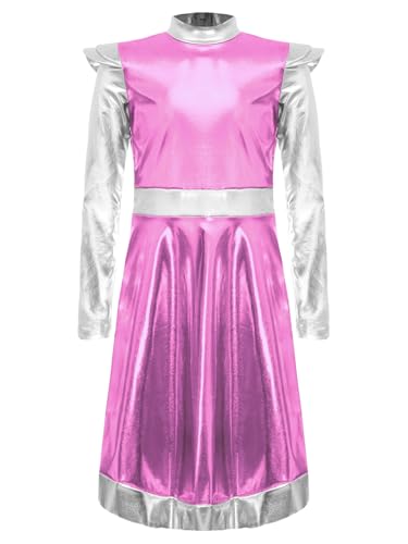 iiniim Mädchen Alien Kostüm Metallic Kleid Außerirdischer Space Girl Kleid Langarm Tanzkleid Halloween Karneval Fasching Show Tanzkostüm Rosa 146-152 von iiniim