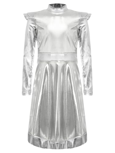 iiniim Mädchen Alien Kostüm Metallic Kleid Außerirdischer Space Girl Kleid Langarm Tanzkleid Halloween Karneval Fasching Show Tanzkostüm Silber 170-176 von iiniim