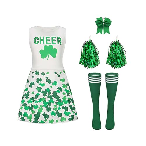 iiniim Mädchen Cheer Leader Kostüm Ärmellos Cheer Kleid mit Pompoms Socken Haarband Cheerleading Tanzkleid Halloween Karneval Fasching Grün 134-140 von iiniim