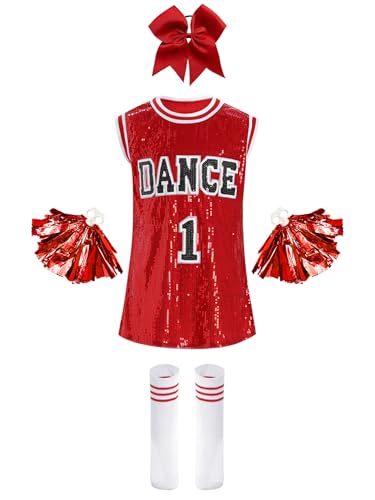 iiniim Mädchen Cheer Leader Kostüm Cheerleading Tanzkleid Pailletten Kleid mit Pompoms Socken Haarband Halloween Karneval Fasching Tanzkostüm Rot&Weiß 122-128 von iiniim