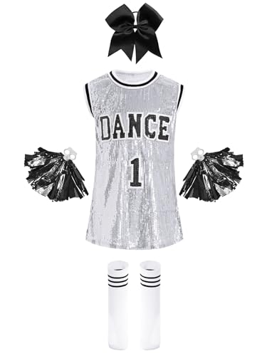 iiniim Mädchen Cheer Leader Kostüm Cheerleading Tanzkleid Pailletten Kleid mit Pompoms Socken Haarband Halloween Karneval Fasching Tanzkostüm Silber 110-116 von iiniim