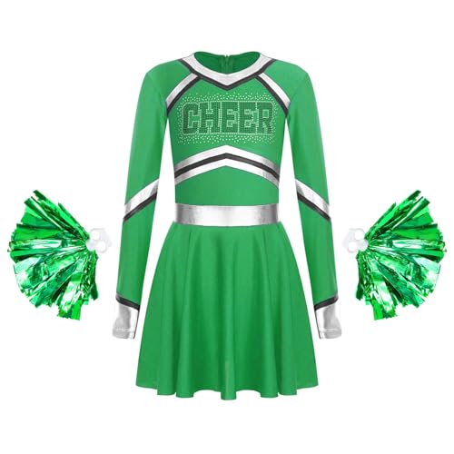 iiniim Mädchen Cheer Leader Kostüm Cheerleading Uniform Langarm Kleid mit Pompoms Halloween Karneval Fasching Tanz Partykleid Grün 170-176 von iiniim