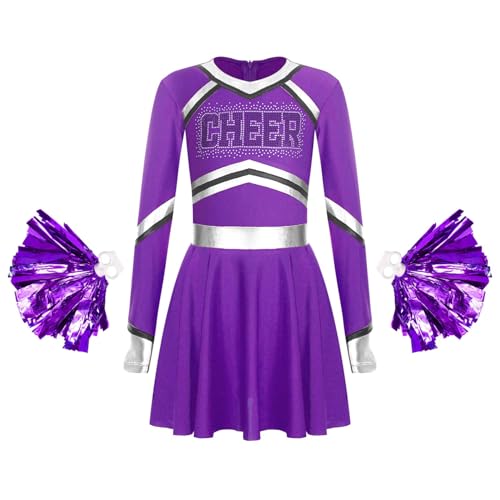 iiniim Mädchen Cheer Leader Kostüm Cheerleading Uniform Langarm Kleid mit Pompoms Halloween Karneval Fasching Tanz Partykleid Lila 122-128 von iiniim