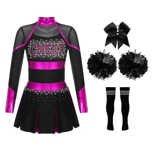 iiniim Mädchen Cheer Leader Kostüm Cheerleading Uniform Langarm Kleid mit Pompoms Socken Haarband Karneval Fasching Kostüm A Dunkel Rosa&Schwarz 146-152 von iiniim