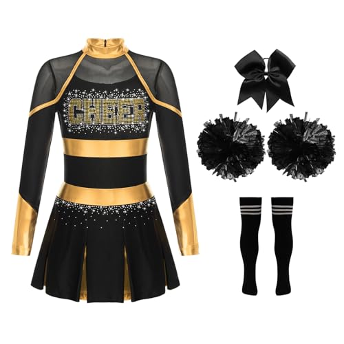 iiniim Mädchen Cheer Leader Kostüm Cheerleading Uniform Langarm Kleid mit Pompoms Socken Haarband Karneval Fasching Kostüm A Gold&Schwarz 122-128 von iiniim