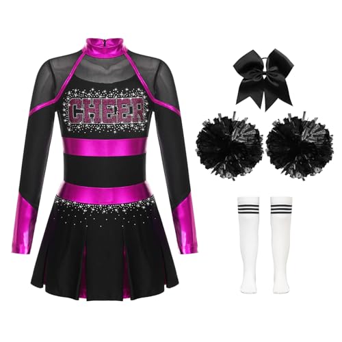 iiniim Mädchen Cheer Leader Kostüm Cheerleading Uniform Langarm Kleid mit Pompoms Socken Haarband Karneval Fasching Kostüm A Rosa&Weiß 134-140 von iiniim