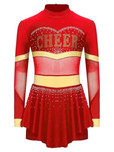 iiniim Mädchen Cheer Leader Kostüm Mesh Patchwork Langarm Kleid Glitzer Tanzkleid Cheerleading Uniform Halloween Karneval Fasching Partykleid Rot 146-152 von iiniim